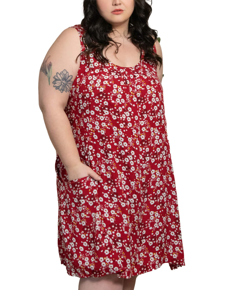 Front of a model wearing a size 1X Louise Short Dress Ditsy Floral Print A-Line in Red by ANNICK. | dia_product_style_image_id:281997